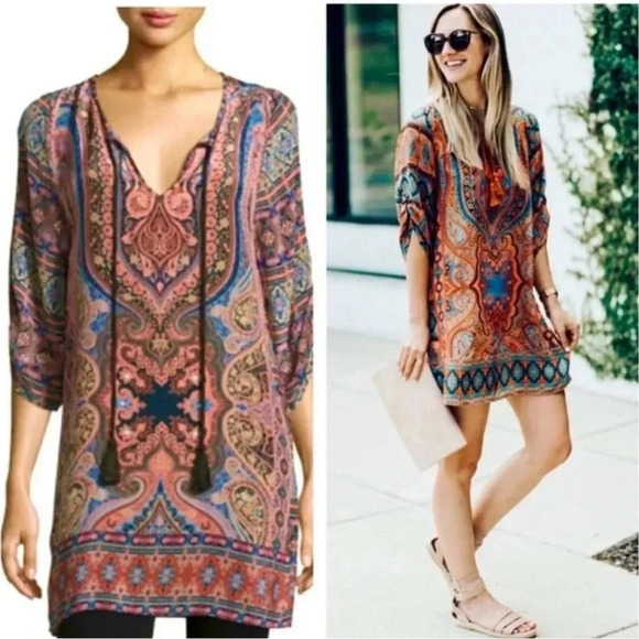 Anthropology TOLANI 100% SILK FLOWY TUNIC MINI DRESS BOHO COASTAL PAISLEY PRINT - Picture 1 of 10
